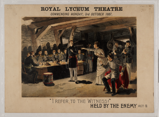 Ein Plakat des Royal Lyceum Theatre, das eine Gruppe von Menschen um einen Tisch mit verschiedenen Gegenständen zeigt, mit dem Text "Ich beziehe mich auf den Zeugen, der vom Feind festgehalten wird, Akt II" oben und unten.