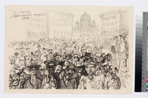 Schwarze und weiße Zeichnung einer Demonstration vor einem hohen Gebäude, mit Text und Farbskalen auf der rechten Seite.