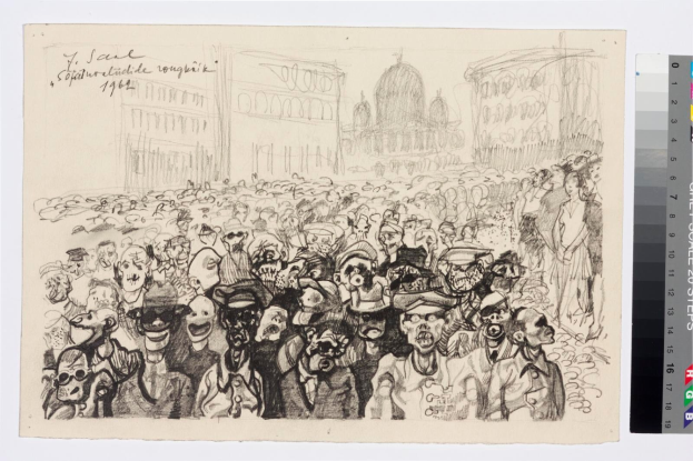 Schwarze und weiße Zeichnung einer Demonstration vor einem hohen Gebäude, mit Text und Farbskalen auf der rechten Seite.