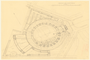 Schwarze und weiße architektonische Zeichnung eines Stadiongrundrisses mit umgebenen Gebäuden und handgeschriebenen Textanmerkungen.
