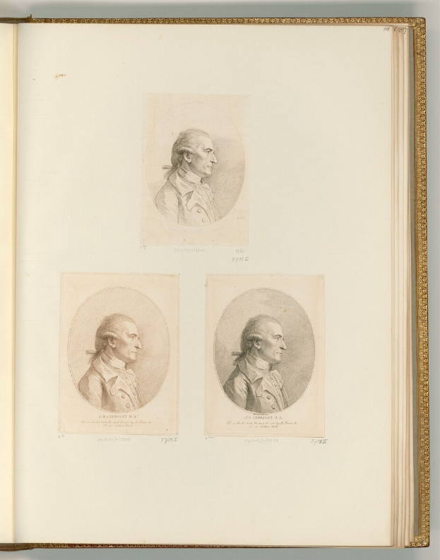 Offenes Buch mit drei detaillierten, lebensechten Porträts von George Washington, der dem Betrachter zugewandt ist, mit sichtbarem Text auf den Seiten.