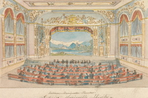 Eine Zeichnung eines Theaterauditoriums mit sitzenden Menschen, detaillierten Wanddesigns und einer beleuchteten Decke, die dekorativen Text am unteren Rand enthält.