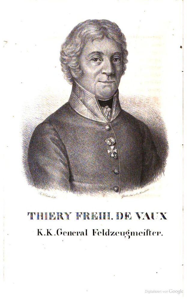 Portrait von Thierry Freih de Vaux, einem deutschen General, in einem schwarzen Kleid mit dem Text "thierry freih de vaux - kk general feldzeugmeister" unten.