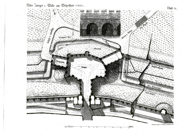 Eine Schwarz-Weiß-Zeichnung eines Gebäudes mit zahlreichen Fenstern, das für den Stadtplan der Stadt Köln, Deutschland, gehalten wird, mit Text, der seine Größe, Form und Lage beschreibt.