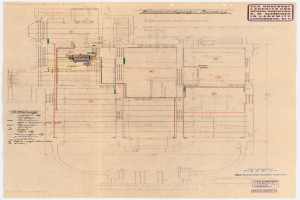 Schwarz-weißer Architekturplan des Rosenhof-Krankenhauses in Hamburg, Deutschland, mit detaillierten Grundrissen mit beschrifteten Räumen, Fluren und ausgedehnten Kabeln.