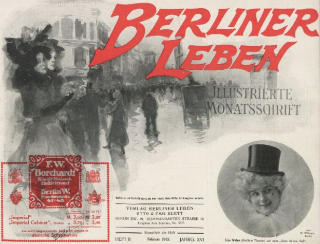 Eine Frau mit Hut und ein Mann im Anzug sind auf einem Plakat für das Berliner Leben Theater zu sehen, mit Text, einem Stempel und Gebäuden im Hintergrund.