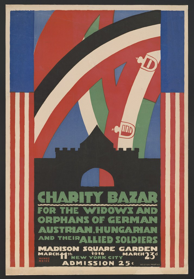 Plakat für den Wohltätigkeitsbasar für Witwen und Waisen deutscher, australischer, ungarischer und alliierter Soldaten mit Veranstaltungseinzelheiten.