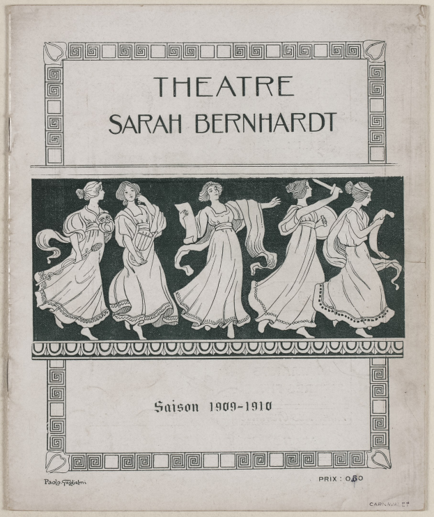 Plakat für das Theatre Sarah Bernhardt von 1909-1910, das eine Gruppe von Frauen in der Mitte zeigt, mit Texten, die das Theater und seine Schauspieler beschreiben.
