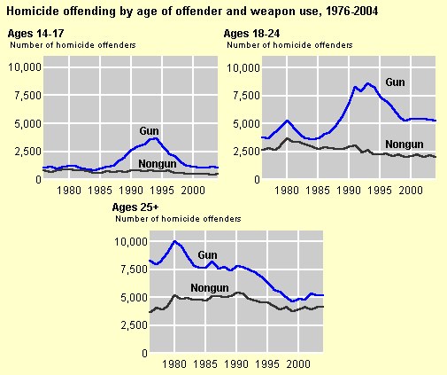 Liniengraph, der die Homicid-Offending-Rates nach Alter des Täters und Waffentyp von 1976 bis 2004 zeigt, mit begleitendem erklärendem Text.
