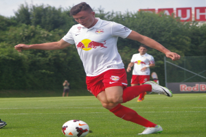 Ein Mann in einem Fußballtrikot schießt einen Ball auf einem grünen Feld mit Bäumen und einem klaren blauen Himmel im Hintergrund, wobei ein 'RB Leipzig'-Schild sichtbar ist.