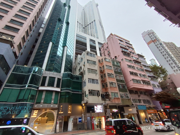 Eine belebte Stadtstraße mit hohen Gebäuden, fahrenden Fahrzeugen, Fußgängern auf dem Gehweg, sichtbarer Beschilderung, Strommasten mit Kabeln, Bäumen und einem klaren blauen Himmel.