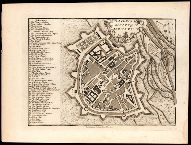 Ein altes Stadtplan von München, Deutschland, mit einem schwarzen Hintergrund, das detaillierte Straßen, Gebäude und Sehenswürdigkeiten zeigt, zusammen mit Text, der zusätzliche Informationen bietet.