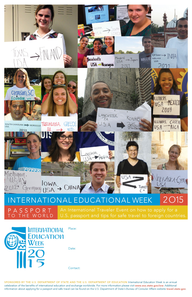 Eine Gruppe lächelnder Menschen mit Schildern, auf denen Text zur Internationalen Bildungswoche 2015 steht.