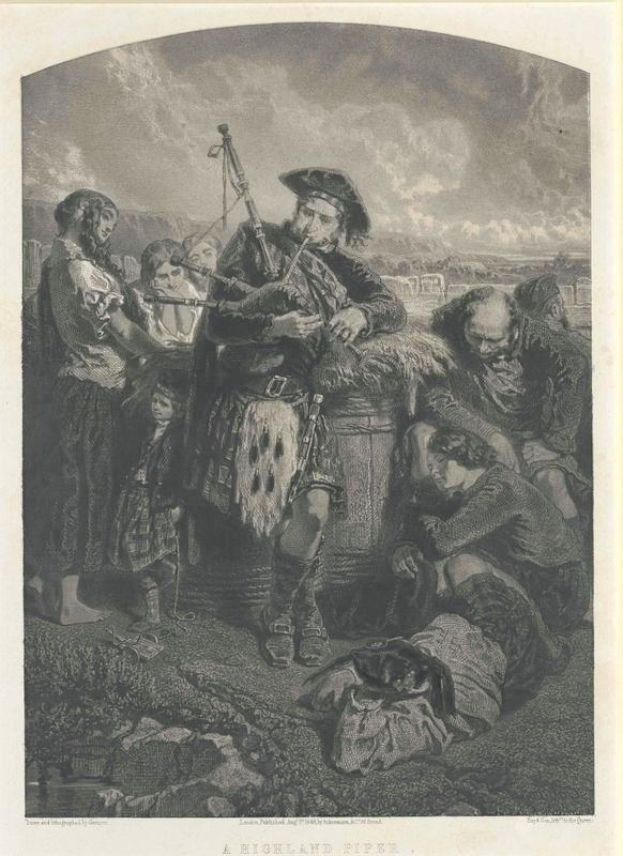 Schwarze und weiße Gravur eines Mannes, der eine Dudelsackpfeife vor einer Gruppe von Menschen unter einem bewölkten Himmel spielt, mit dem Text "Ein Highland-Pfeifer" unten.