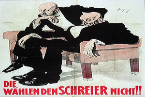 Ein deutscher Propagandaplakat für die NSDAP mit zwei Männern auf einem Sofa und Text mit parteirelevanten Informationen.