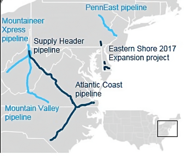 Ein detaillierter Plan der Erweiterung des Eastern Shore-Projekts 2017, der die Pipeline-Route, Städte, Ortschaften und Gewässer zeigt, mit begleitendem Text, der Projektinformationen bereitstellt.
