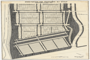 Ein altes Stadtplan mit zahlreichen Gebäuden und einem Stadtplan, mit beschreibendem Text über die Stadtanlage.