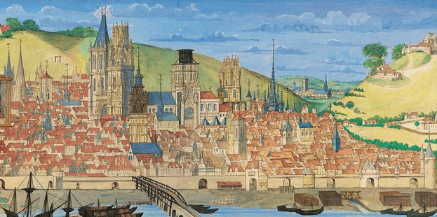 Gemälde von Köln, Deutschlands Stadtlandschaft mit Booten, Brücke, Gebäuden, Bäumen, Hügeln und bewölktem Himmel.