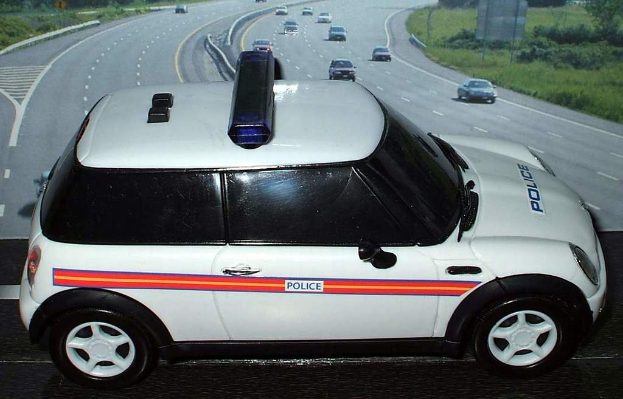Ein weißes Polizeiauto ist im Vordergrund geparkt, mit mehreren Autos, die sich auf der Straße dahinter bewegen, umgeben von Gras und Bäumen auf beiden Seiten.