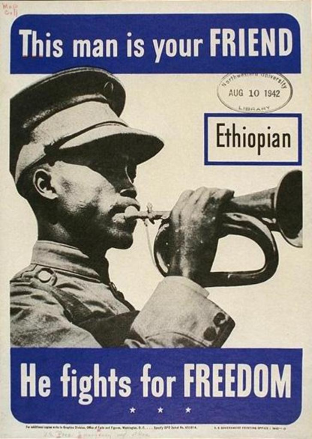 Ein Plakat mit einem Mann und dem Text "Dieser Mann ist dein Freund" oben und "Er kämpft für die Freiheit" unten.