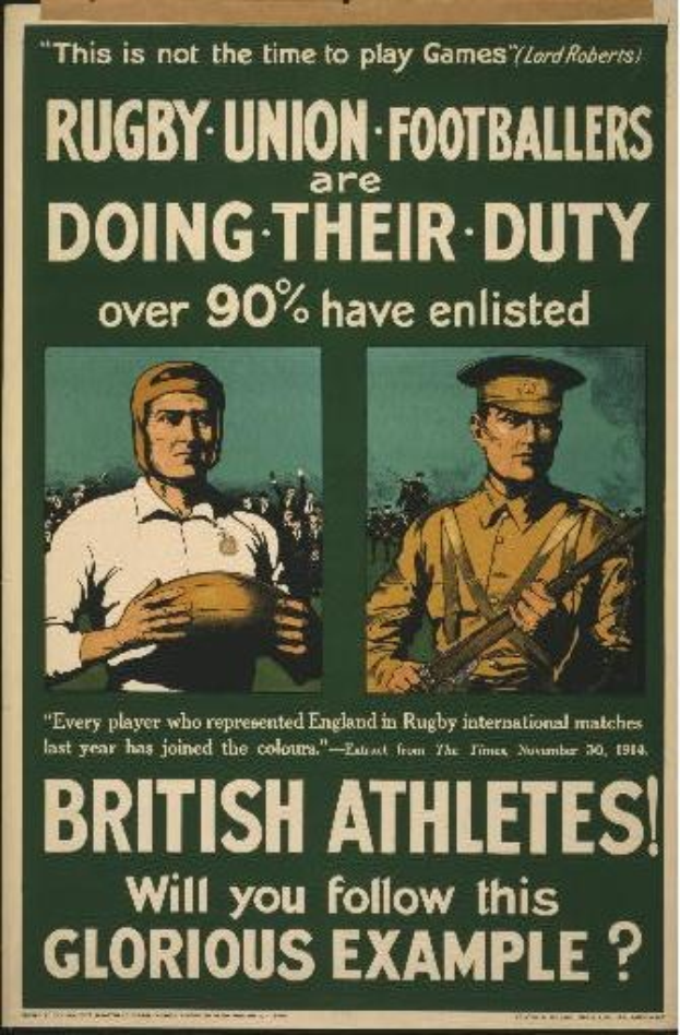 Plakat mit zwei Rugby-Union-Fussballern in Militäruniform, mit Text über über 90% der britischen Athleten, die sich gemeldet haben, wahrscheinlich über ihre Rollen und Beiträge.