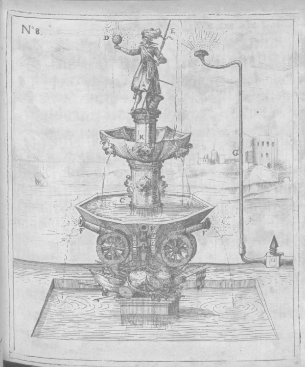 Ein Blatt mit einer Zeichnung eines Brunnens mit Rädern, Wasser, einer Statue, einem Pfahl, einem Wasserstrahl und Gebäuden im Hintergrund.