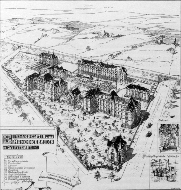 Schwarz-weißes Vintage-Stadtplanbild mit dichtem Baumbestand, Bäumen und Text.