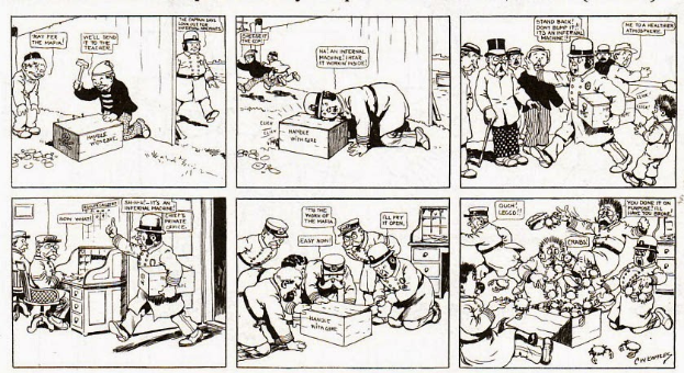 Eine Comicseite mit einem Mann in Anzug und Hut umgeben von Menschen, Kisten und anderen Gegenständen, mit der Aufschrift "Der Mann, der lacht".