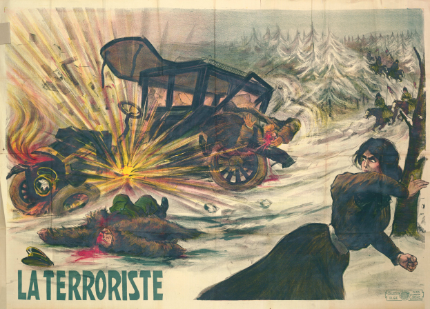 Ein Filmplakat für "La Terroriste" mit einer chaotischen Szene mit Menschen, Fahrzeugen, Bäumen und verschiedenen Gegenständen auf einem farbenfrohen Hintergrund mit großer Schrift.