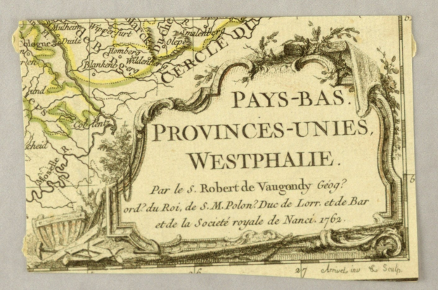 Detailierte alte Karte der Provinzen Westphalens auf altem Papier mit begleitendem Text, der die Geographie und Bevölkerung der Region beschreibt.