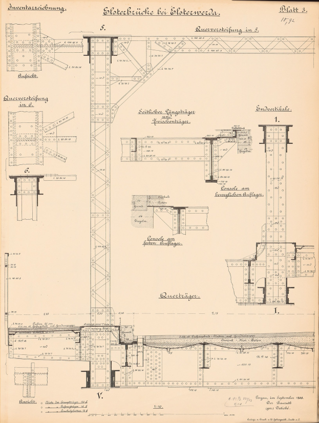 Schwarz-weiß-Illustration einer Brücke im Bau mit detaillierten Architekturplänen und Text auf der Seite.