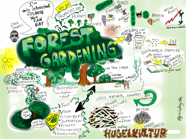 Ein Plakat mit einem üppigen grünen Baum mit verschiedenen Blättern und Ästen, auf dem in fetter Schrift "Waldgärtner" steht.