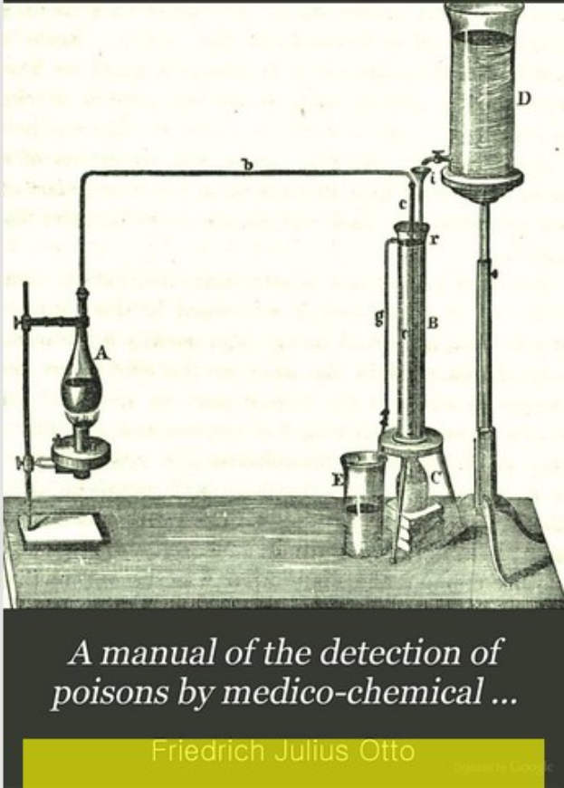 Ein Plakat mit einem zentralen Bild eines mit Flüssigkeit gefüllten Kolben, umgeben von anderen Kolben und Reagenzgläsern, mit dem Text "Ein Handbuch zur Detektion von Giften durch Medizinalchemie" unten.
