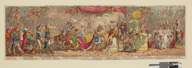 Eine Gruppe von Menschen in bunten Kostümen steht vor einer Bühne mit einem Vorhang, die den Großen Karneval von Napoleon, dem Kaiser von Frankreich, von der Kirche Saint-Denis, Dezember 1785 feiert, wobei einige Fahnen und Dekorationen halten.