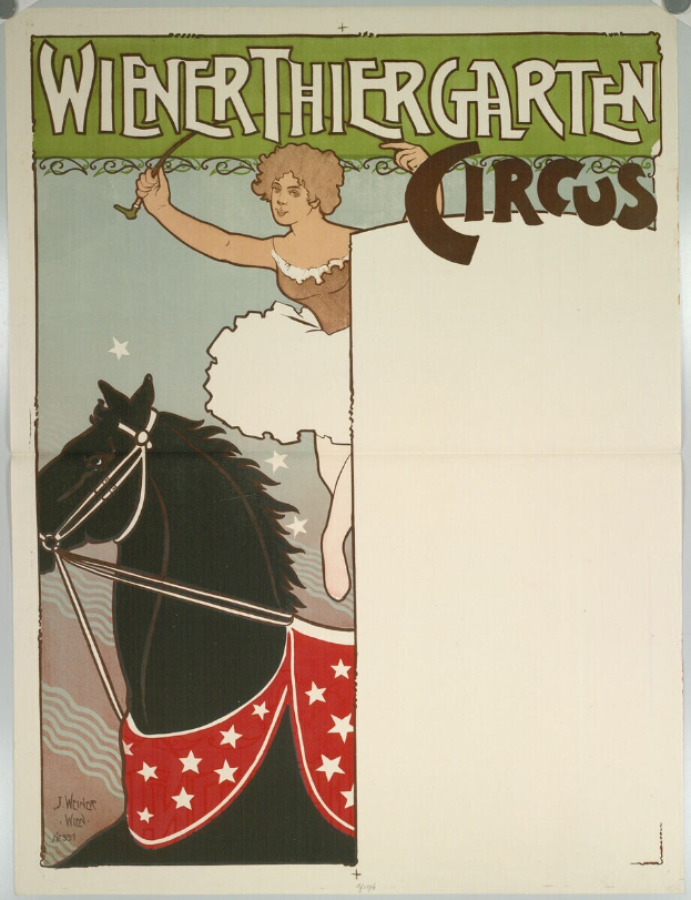 Ein Plakat, das eine Zirkusvorstellung ankündigt, zeigt eine Frau auf einem Pferd sitzend, mit Texten, die den Zirkus und seine Attraktionen beschreiben.