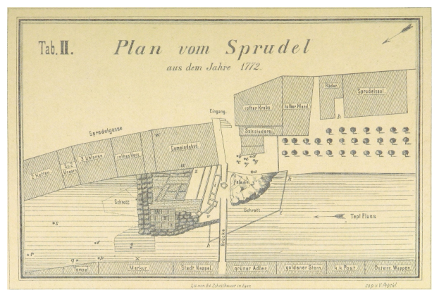 Ein Plakat mit einem detaillierten Plan von Spruidel, Deutschland, mit begleitendem Text, der zusätzliche Informationen über die Stadt bereitstellt.