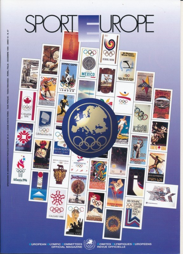 Ein Buchumschlag mit dem Titel "Sport in Europa" in leuchtenden Farben und detaillierten Designs, der Olympische Symbole und Texte zu den Olympischen Spielen in Europa zeigt.
