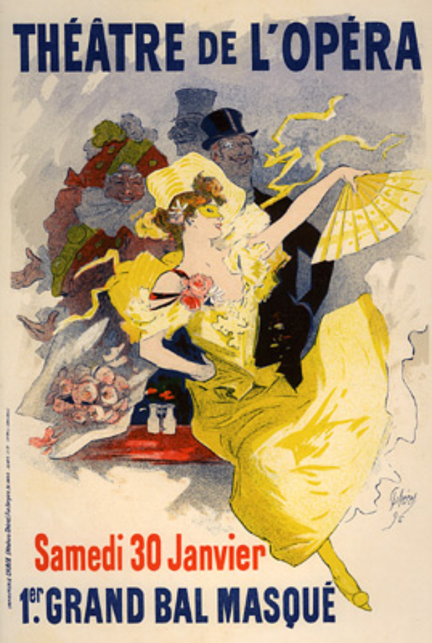 Ein Plakat, das das Théâtre de l'Opéra in Paris bewirbt, zeigt eine Frau in einem gelben Kleid umgeben von anderen Menschen mit Text darauf.