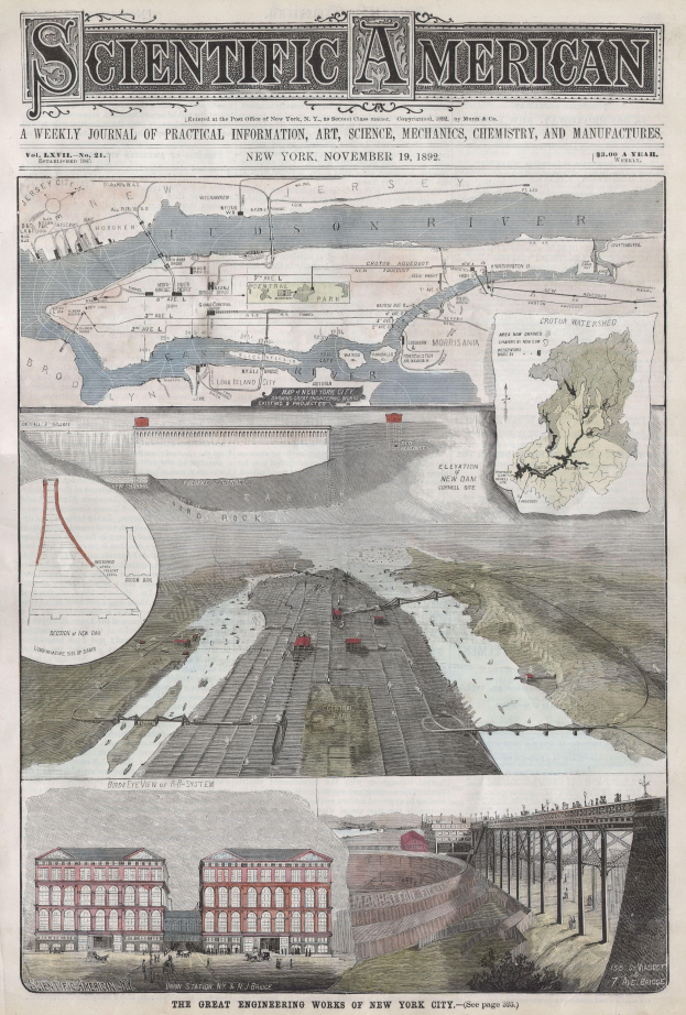 Ein altes Buch mit dem Titel "Scientific American, November 10, 1892" mit einer detaillierten Karte einer Stadt, die Gebäude, Straßen und andere Merkmale zeigt.