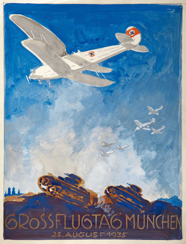 Plakat, das das Grossflugtag München-Event am 25. August 1935 bewirbt, mit einem Flugzeug, das durch den Himmel fliegt und andere Flugzeuge im Hintergrund.