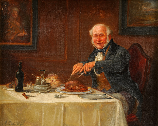 Ein älterer Mann sitzt an einem Tisch mit einem Teller Essen, einem Messer in der Hand, einer Flasche, einem Glas und anderen Gegenständen auf dem Tisch, mit Foto Rahmen im Hintergrund sichtbar.