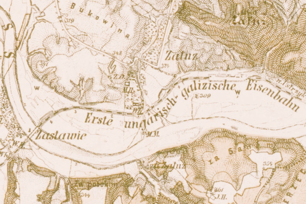 Ein detaillierter alter Stadtplan von Eisenbahn, Deutschland, der Straßen, Gebäude und Sehenswürdigkeiten mit Textbeschriftungen zeigt.
