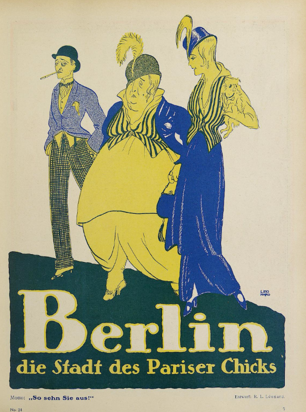 Ein Plakat für ein Konzert in Berlin, Deutschland, das eine Gruppe farbenfroher Menschen vor einem Gebäude zeigt, mit der Aufschrift "Berlin - Die Stadt des Pariser Chicks" oben.