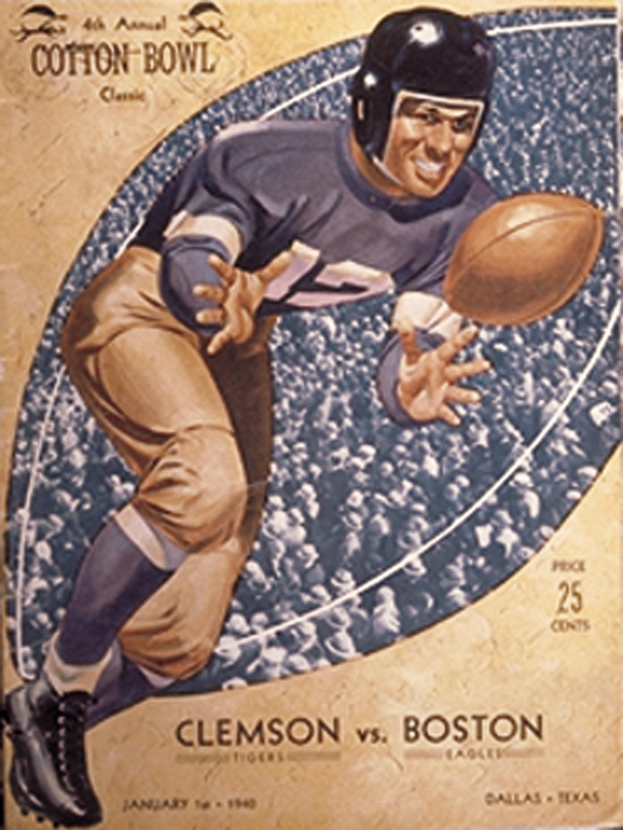 Ein Plakat eines Football-Spielers in einem Helm, der einen Football hält, mit der Aufschrift "Cotton Bowl Cleveland vs Boston" darüber, der einen entschlossenen Gesichtsausdruck zeigt.
