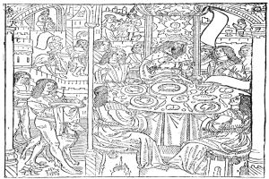 Schwarze und weiße Illustration eines mittelalterlichen Festmahls mit Menschen an einem Tisch mit Tellern, Speisen und Gegenständen, darunter Text am unteren Rand.