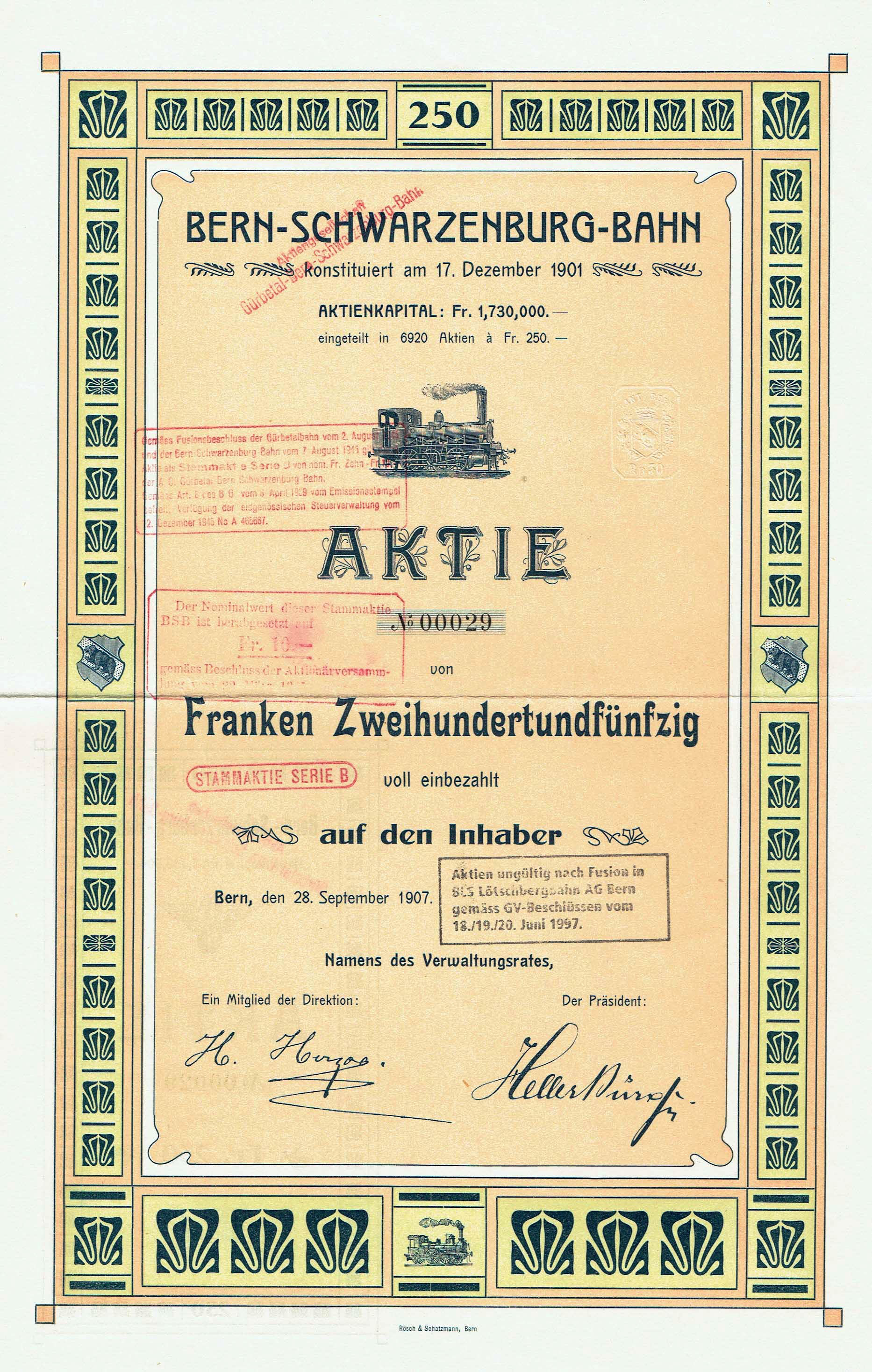 Ein altes Aktienzertifikat der deutschen Regierung der Bern-Schwarzenburg-Bahn, das Text und eine Illustration eines Zuges enthält.