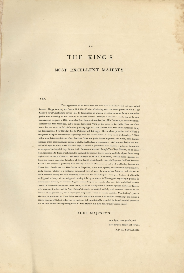 Offenes Buch mit der Aufschrift "To the King's Most Excellent Majesty" in fetter schwarzer Schrift auf einem weißen Hintergrund, eingerahmt von einem goldenen Rand.