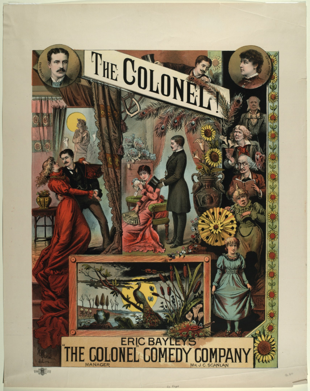 Plakat für "The Colonel Comedy Company" mit einer Gruppe in kolonialer Kleidung vor einem tiefblauen Nachthimmel mit Sternen, Titel in fetter schwarzer Schrift.