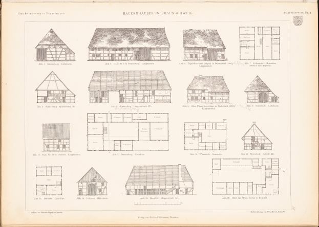 Ein offenes altes Buch zeigt Architekturhauspläne mit detaillierten Zeichnungen und begleitendem Text.