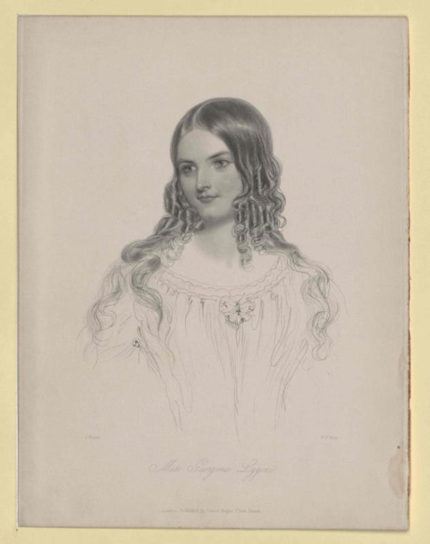 Eine Zeichnung einer jungen Frau mit langen Haaren, die in einem ordentlichen Knoten frisiert sind, identifiziert als Miss Georgina Lyngen, die ein weißes Kleid mit hohem Kragen und langen Ärmeln trägt, dargestellt mit feinen Zügen und einem friedlichen Ausdruck.